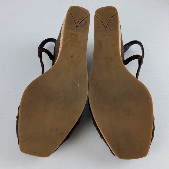 Prada Women's Platform Suede Leather Wedge Heels Sandals Shoes Size 39 - Picture 7 of 7